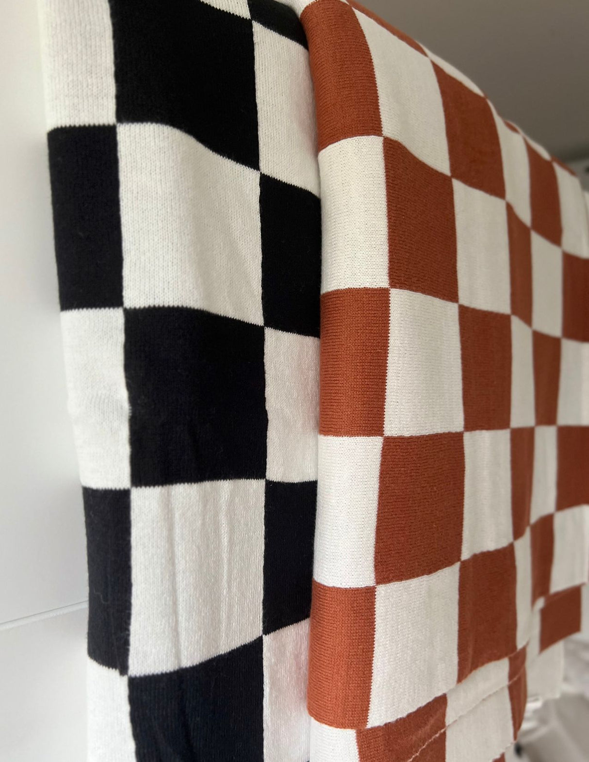 Monochrome Checkered Rust and White Throw Blanket