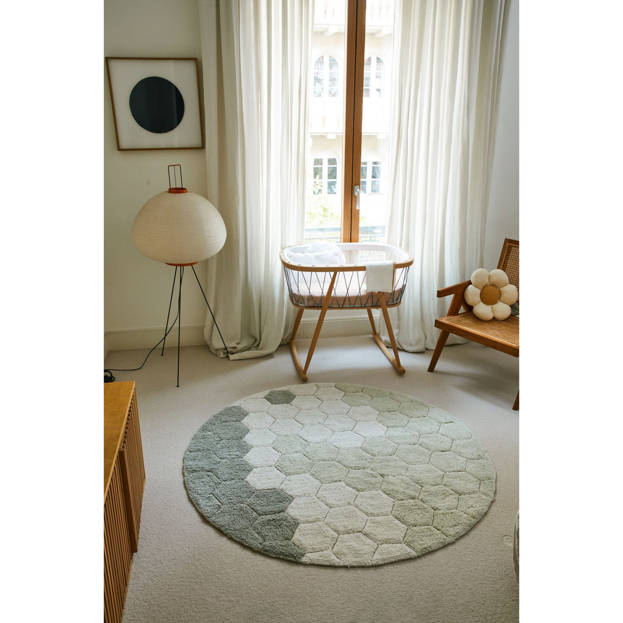 Planet Bee Round Honeycomb Blue Sage Washable Rug