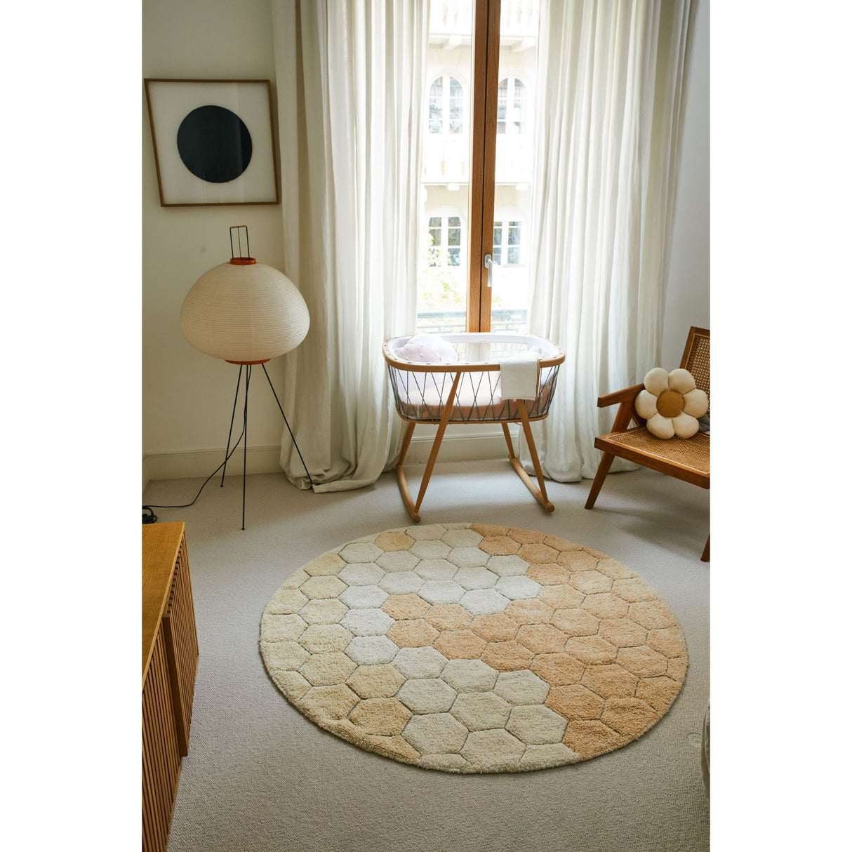 Planet Bee Round Honeycomb Golden Washable Rug