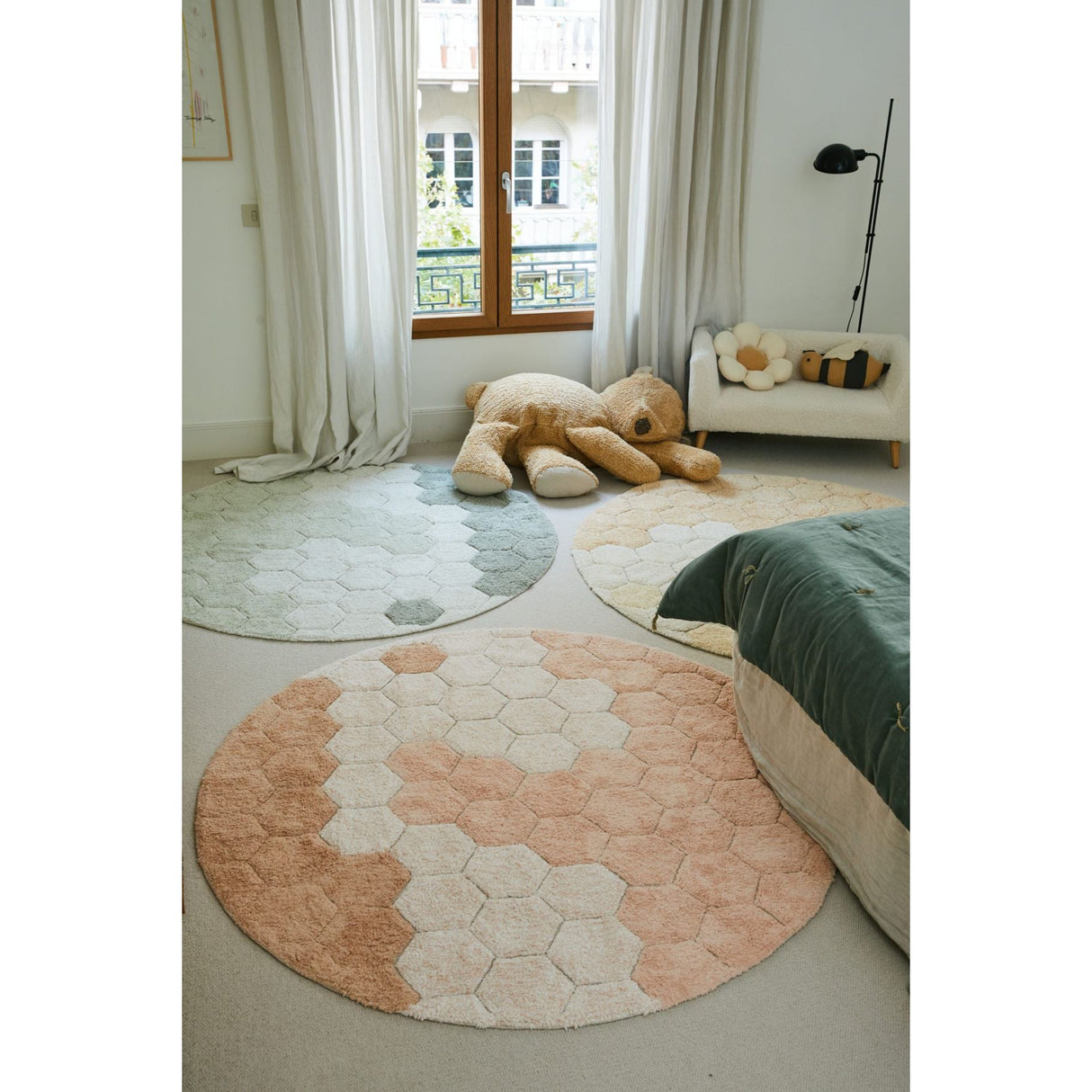 Planet Bee Round Honeycomb Rose Washable Rug