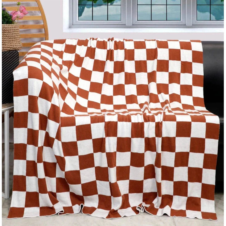 Monochrome Checkered Rust and White Throw Blanket
