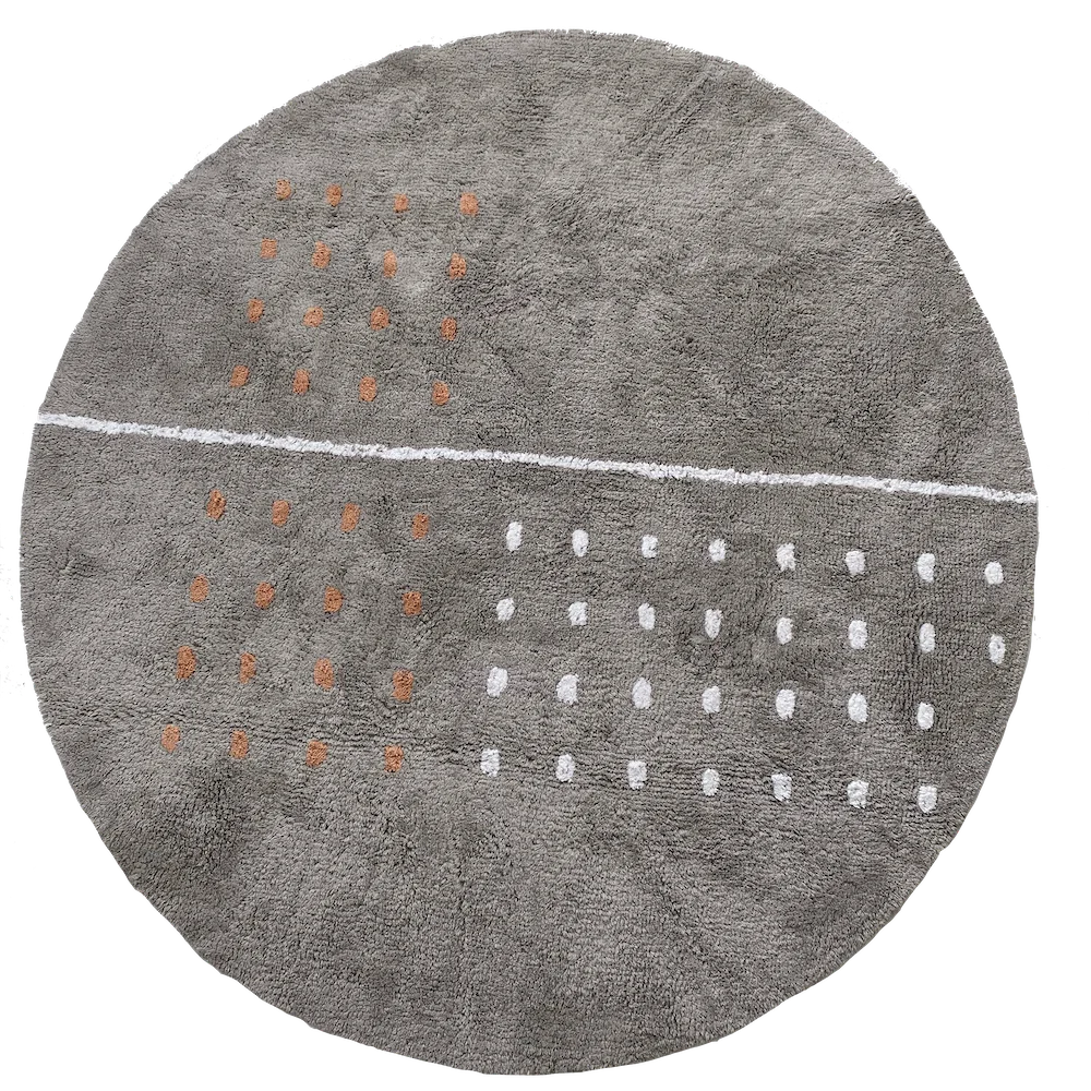 Grid Grey Washable Cotton Round Area Rug