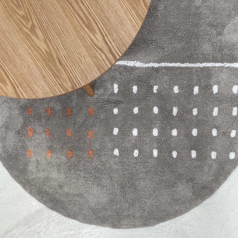 Grid Grey Washable Cotton Round Area Rug