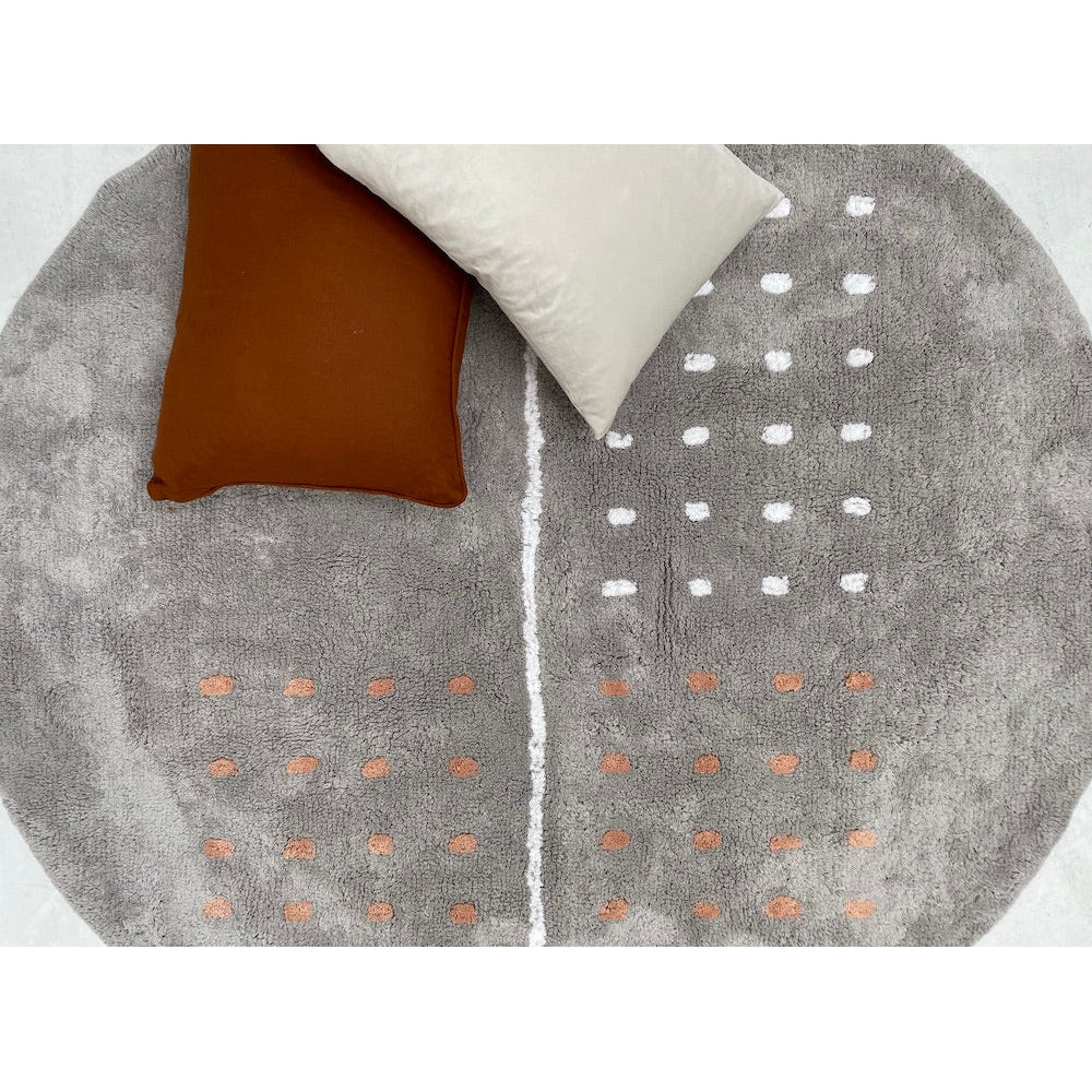 Grid Grey Washable Cotton Round Area Rug