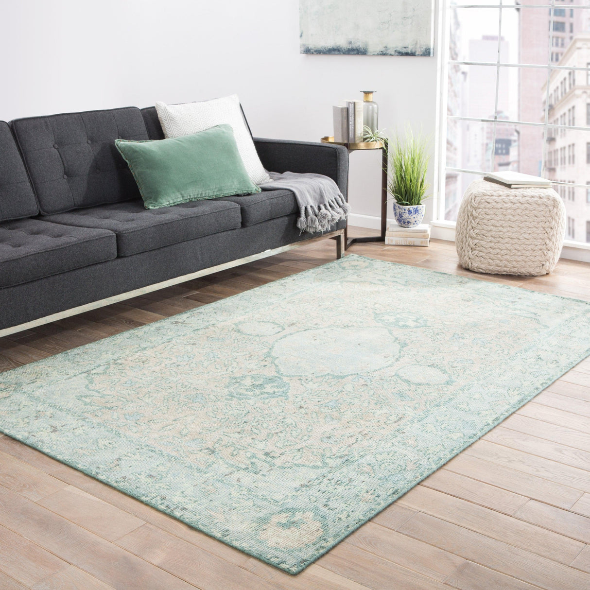 Rugs by Roo | Jaipur Living Alessia Hand-Knotted Bordered Aqua Beige Area Rug-RUG132909