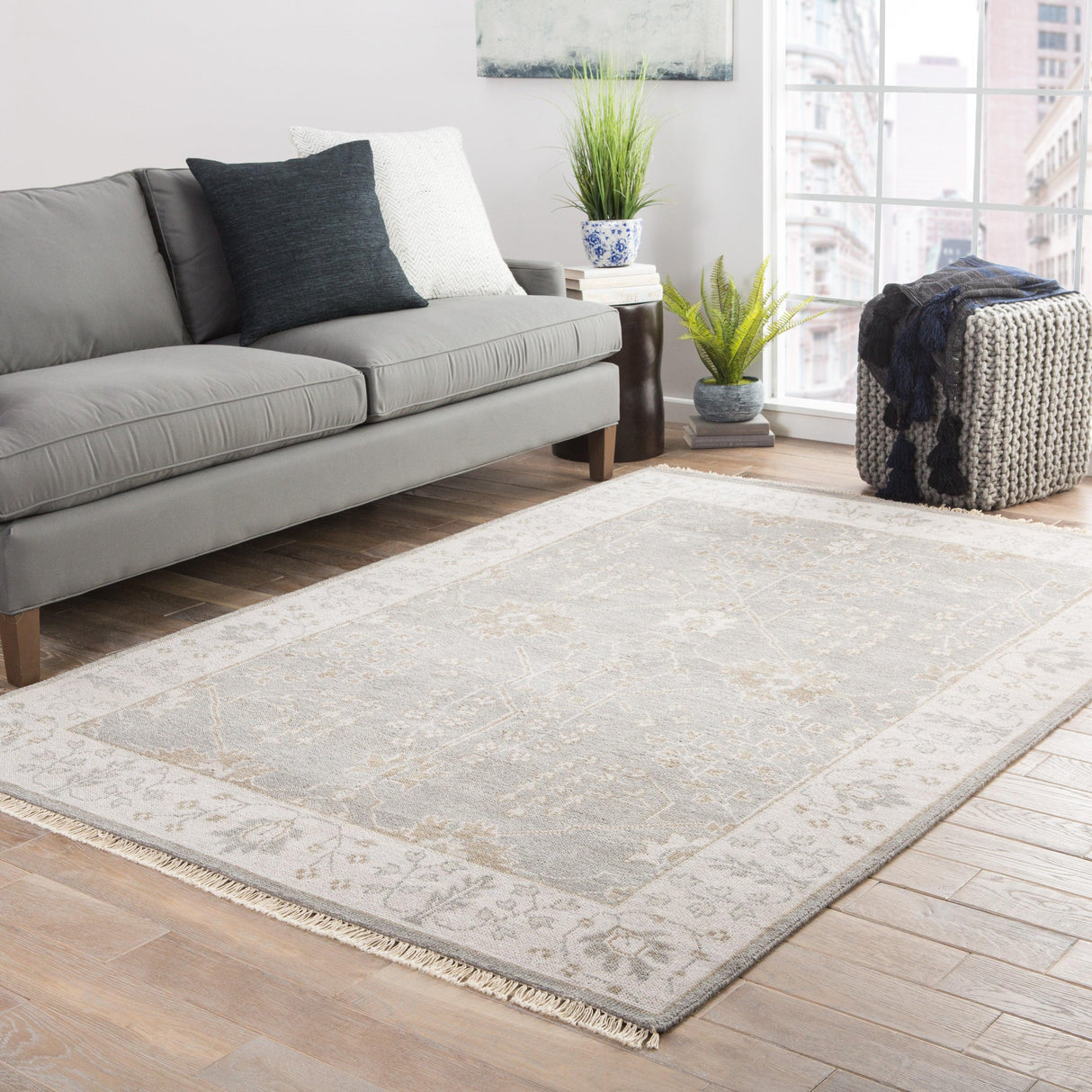 Rugs by Roo | Jaipur Living Reagan Hand-Knotted Bordered Gray Beige Area Rug-RUG124623