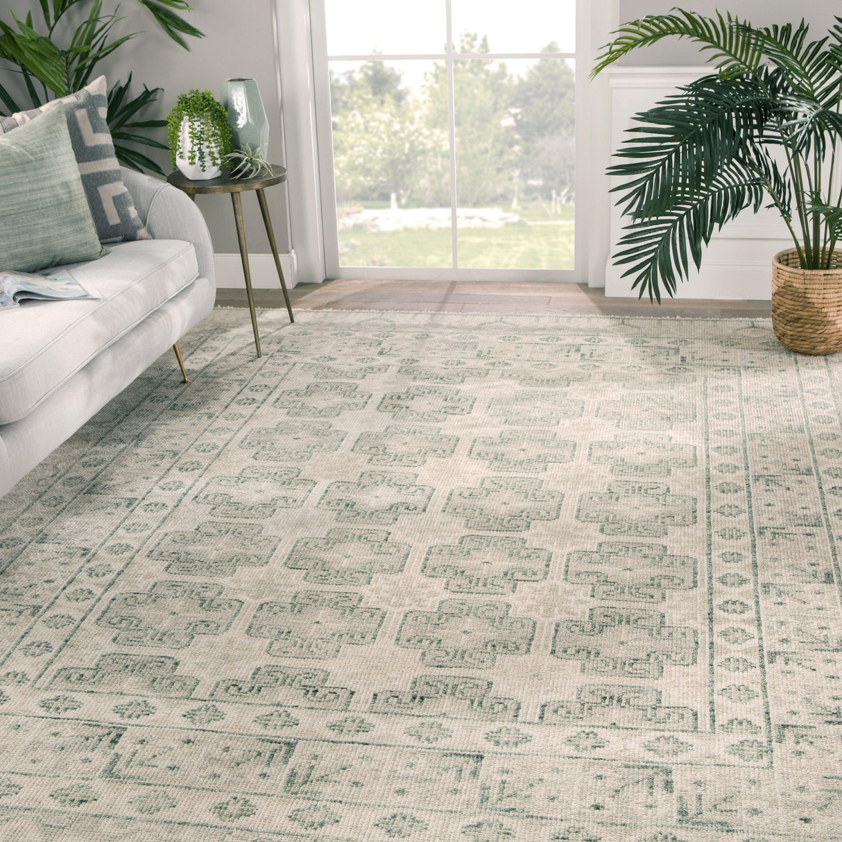 Rugs by Roo | Jaipur Living Stage Hand-Knotted Bordered Ivory Green Area Rug-RUG153239
