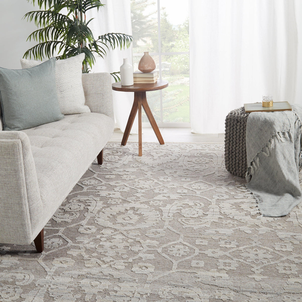 Rugs by Roo | Jaipur Living Ayres Hand-Knotted Floral Taupe Gray Area Rug-RUG146562