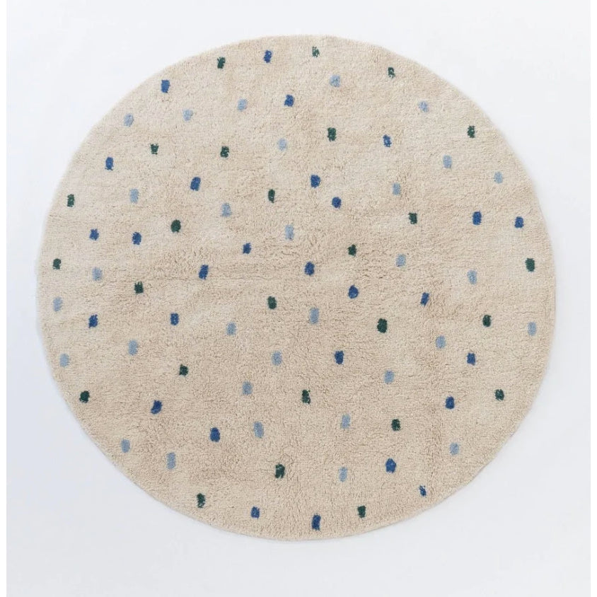 Cotton Berber Going Dotty Blue Round Washable Area Rug