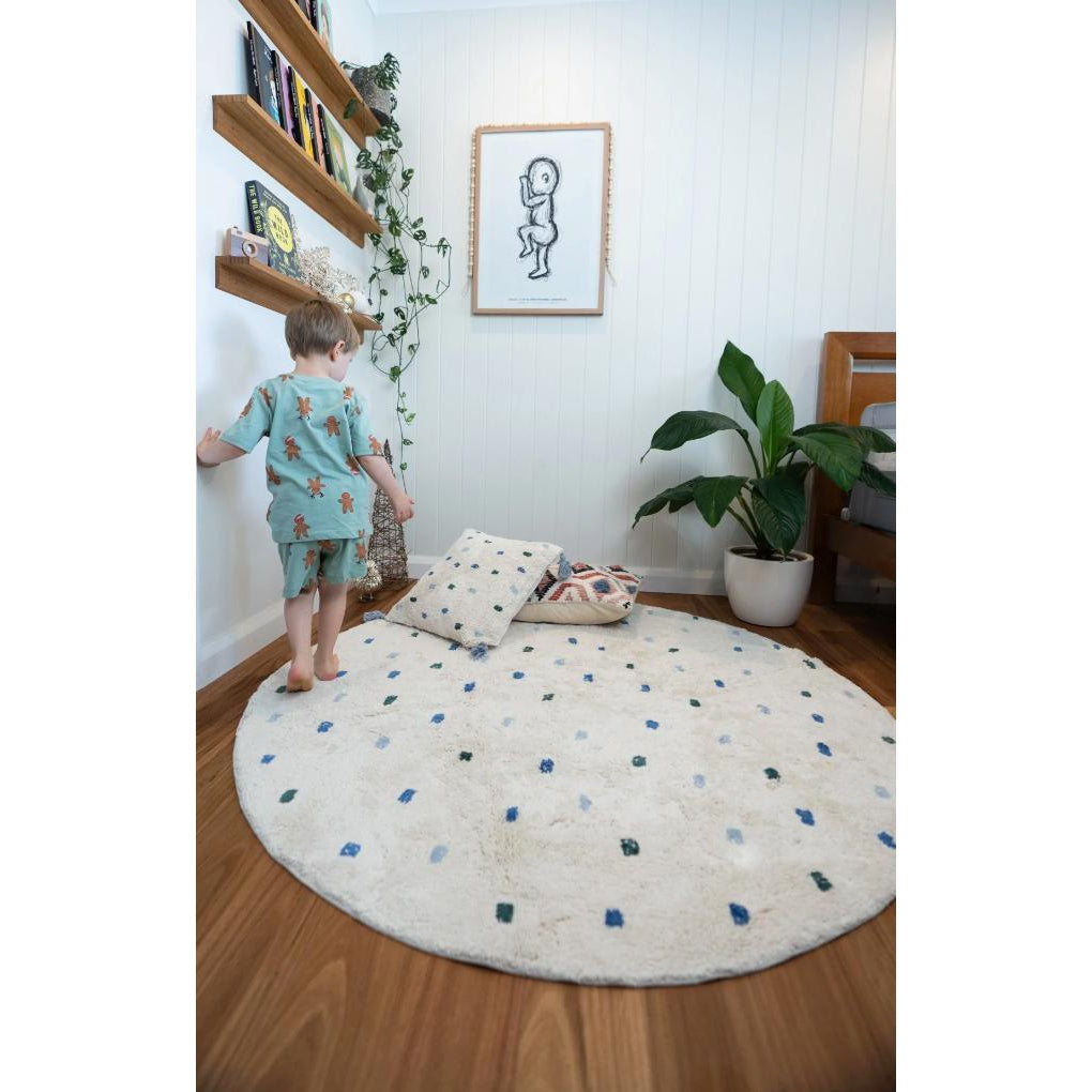 Cotton Berber Going Dotty Blue Round Washable Area Rug
