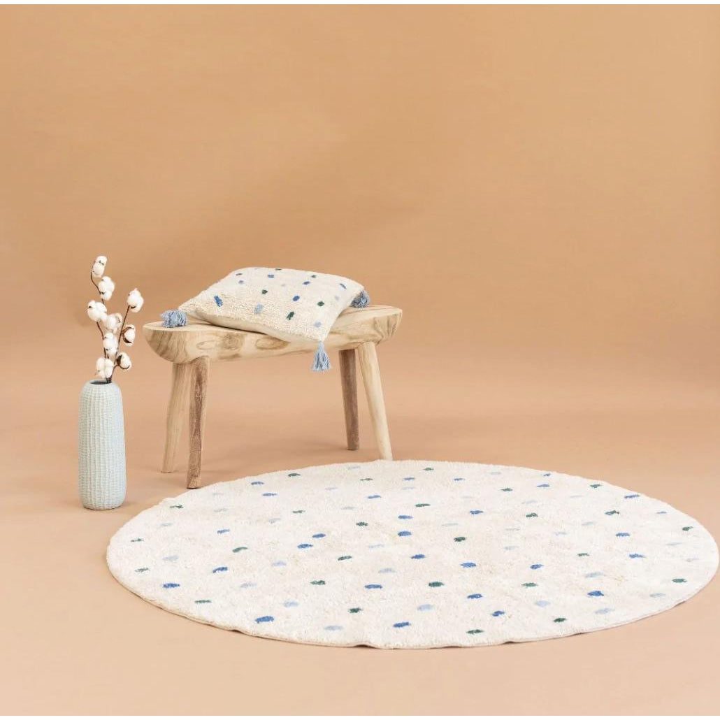 Cotton Berber Going Dotty Blue Round Washable Area Rug