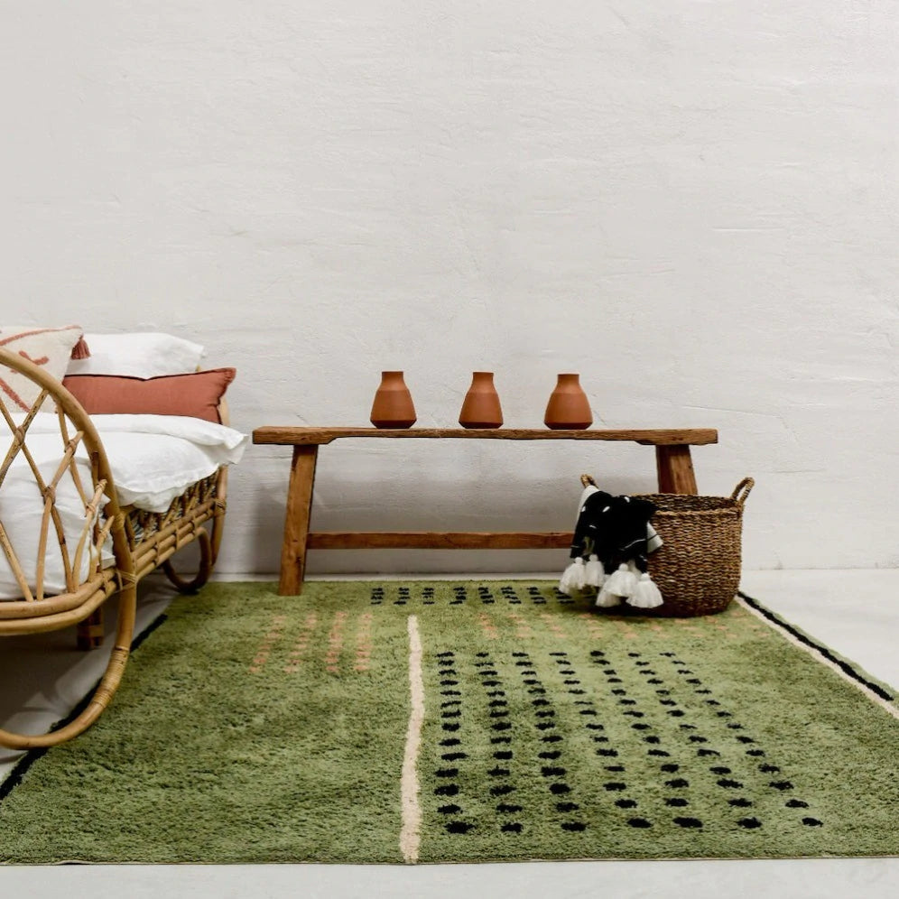 Oh Happy Home! Grid Green Washable Cotton Area Rug