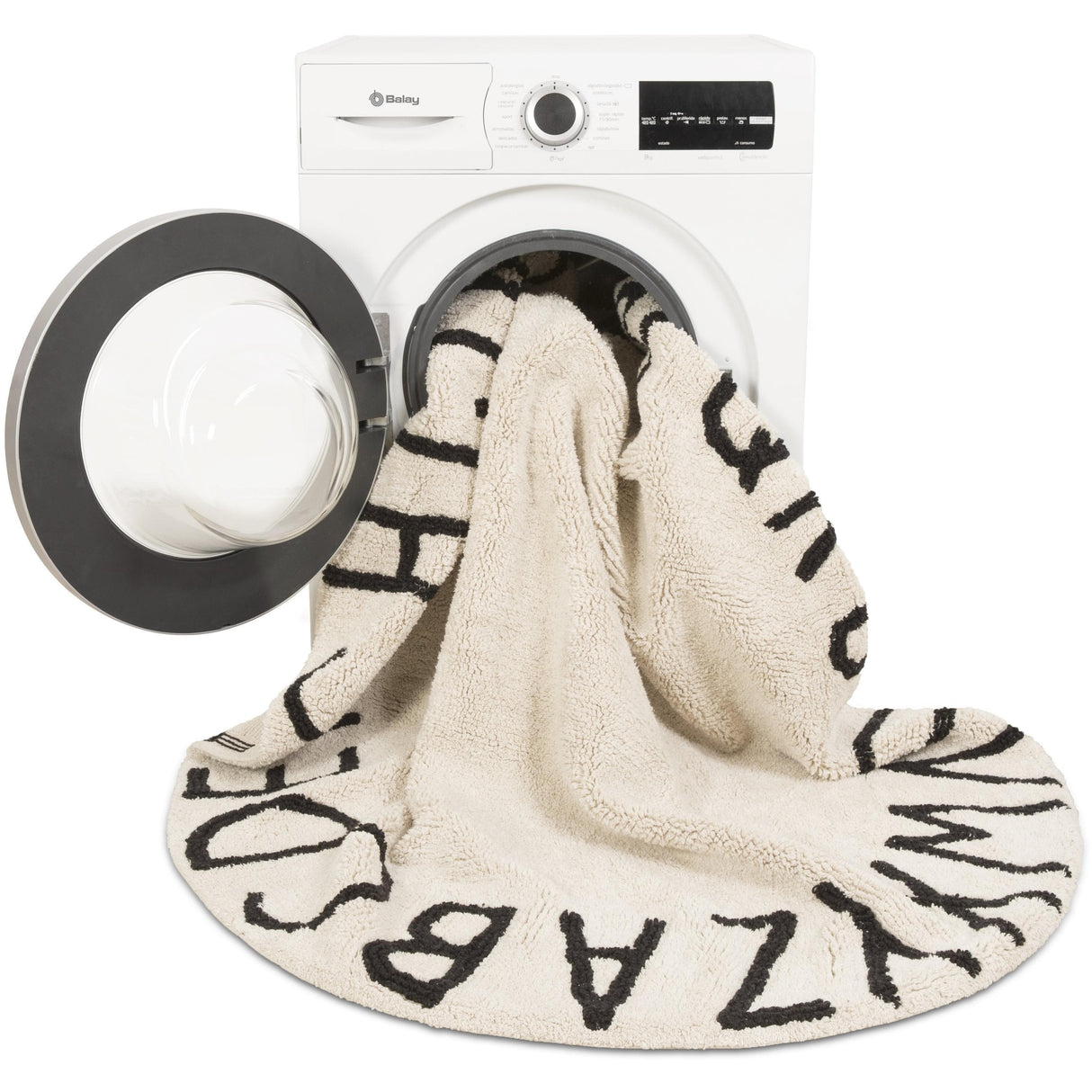 Rugs by Roo | Lorena Canals Round ABC Natural Black Machine Washable Kids Area Rug-C-ABC-NBK