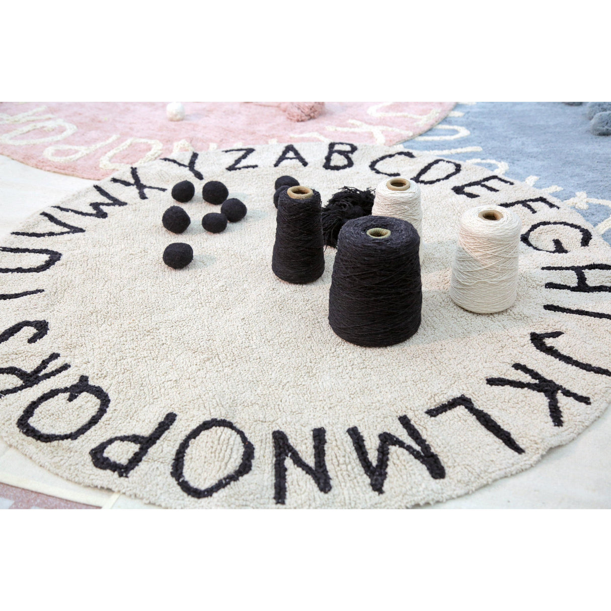 Rugs by Roo | Lorena Canals Round ABC Natural Black Machine Washable Kids Area Rug-C-ABC-NBK