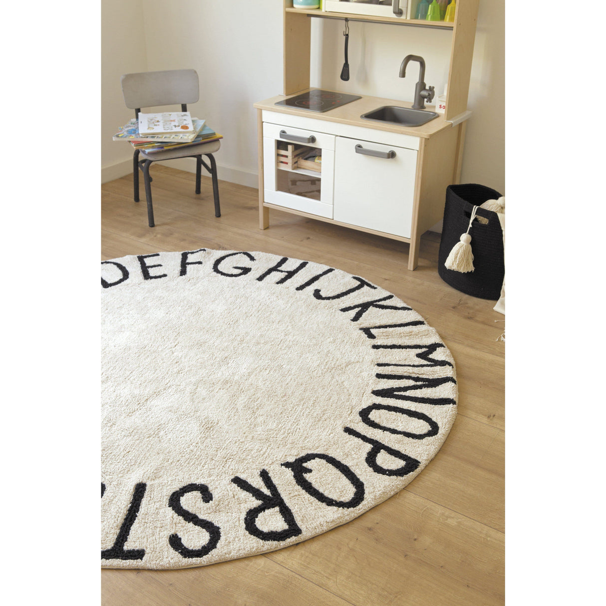 Rugs by Roo | Lorena Canals Round ABC Natural Black Machine Washable Kids Area Rug-C-ABC-NBK