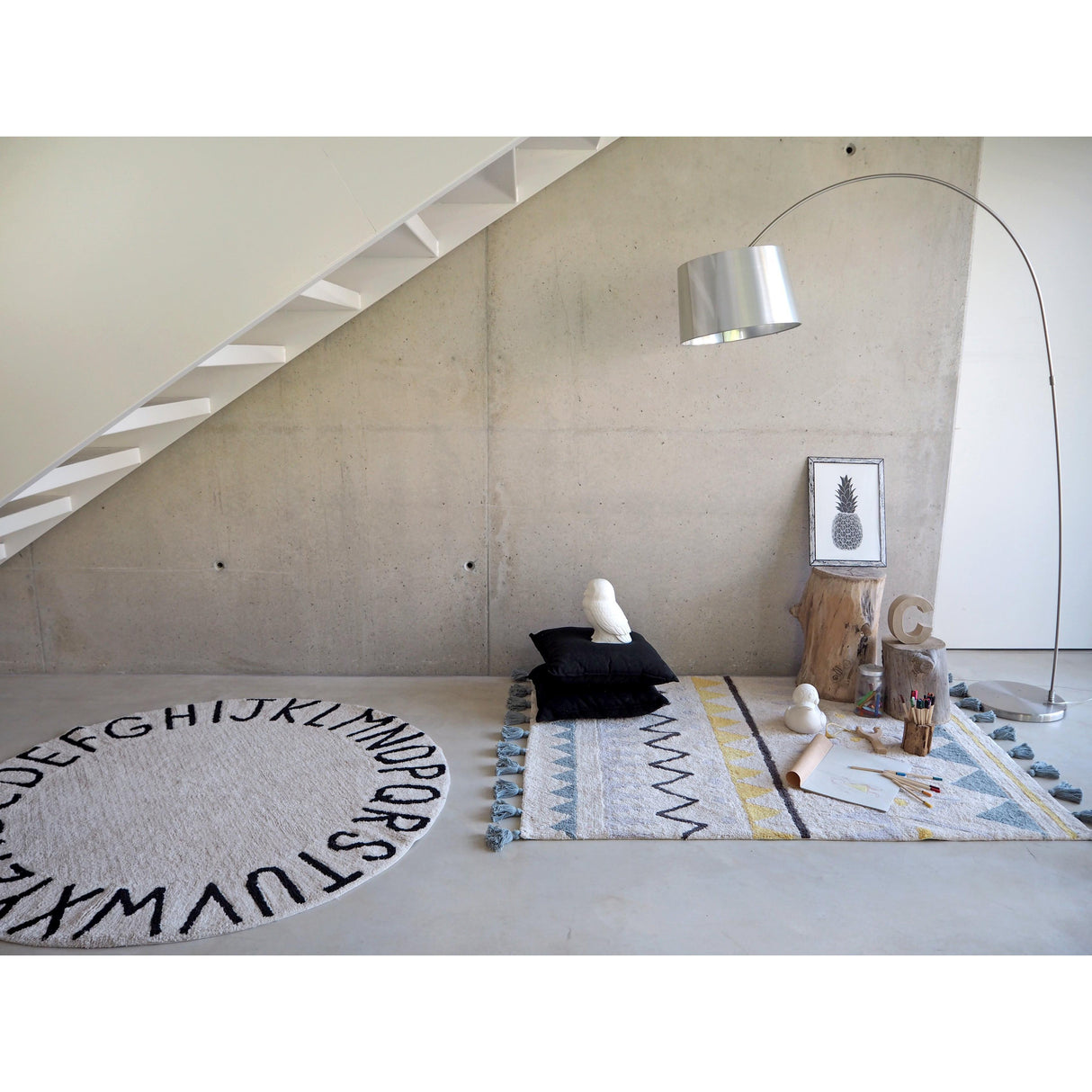 Rugs by Roo | Lorena Canals Round ABC Natural Black Machine Washable Kids Area Rug-C-ABC-NBK