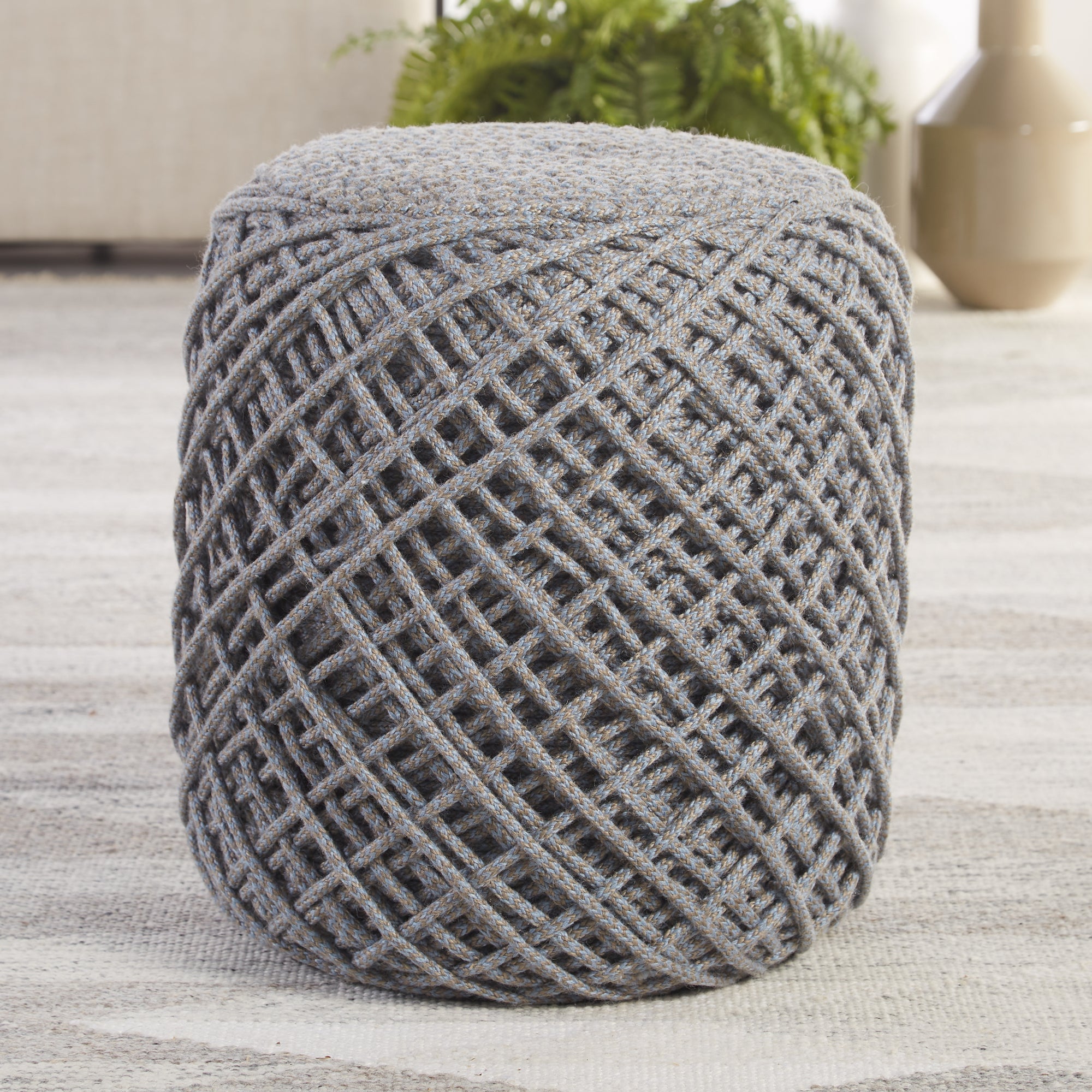 Jaipur Living Lykke Outdoor Solid Gray Blue Cylinder Pouf