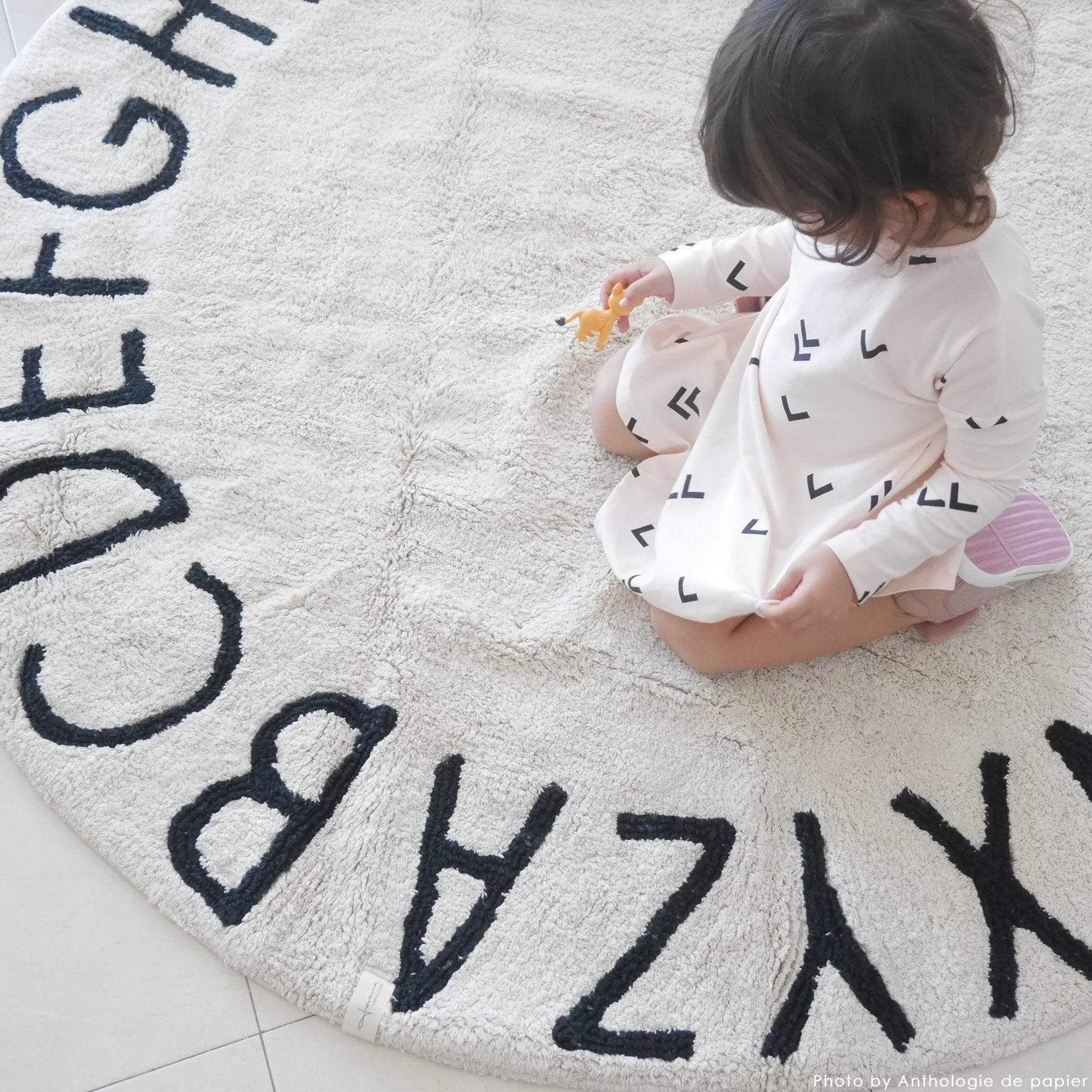 Rugs by Roo | Lorena Canals Round ABC Natural Black Machine Washable Kids Area Rug-C-ABC-NBK